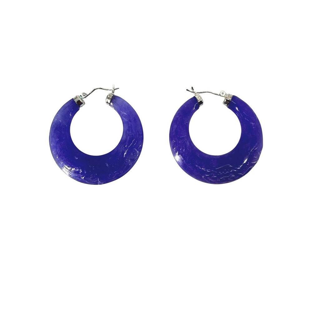 Purple Carved Jadeite Hoop Earrings Sterling Silver Latch Back Statement‎
